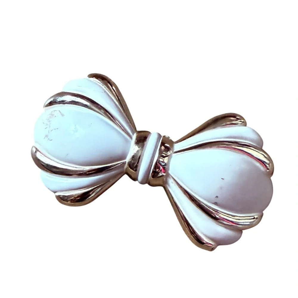 Vintage White & Gold French‎ Bow Barrette at 4” Long, Metal Hair Clip, Deadstock